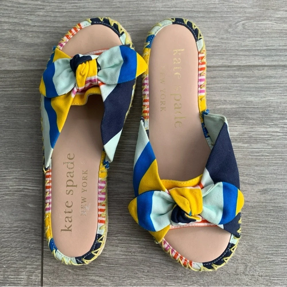 Kate Spade Vibrant Blue and Yellow Stripes Slip-On Espadrille Sandals